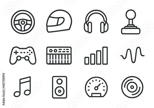 Racing Game Icon Set. Outline icon set of racing game music: steering wheel, helmet, headphones, joystick,