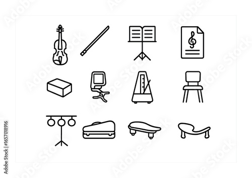 Violin Setup Icons. Outline icon set of violin performance setup: violin, bow, music stand, sheet music, rosin