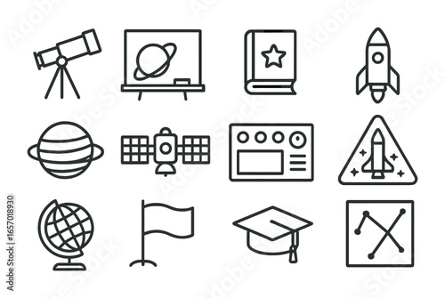 Space Education Icons. Outline icon set of space education and outreach: telescope, chalkboard, book, rocket,