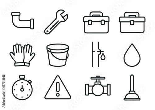 Emergency Pipe Icon Set. Outline icon set of emergency pipe replacement: pipe, wrench, saw, toolbox, gloves,