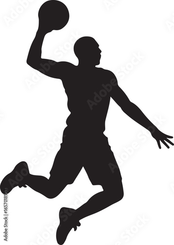Black silhouette of a male basketball player in mid-air dunking a ball white