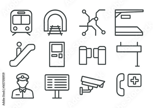 Subway System Icons. Outline icon set of subway systems: subway train, tunnel entrance, metro map, platform,
