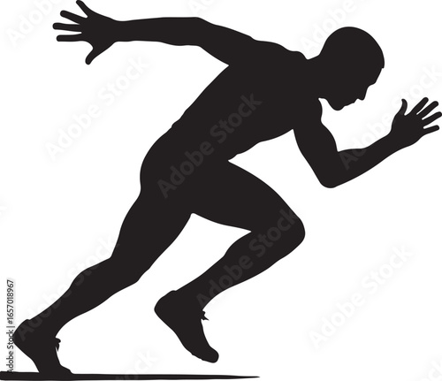 Black silhouette of a male runner in motion on a white background running athlete