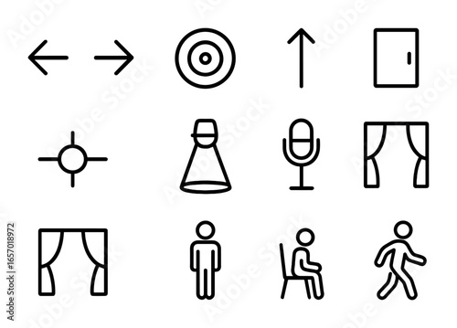 Stage Direction Icons. Outline icon set of stage direction symbols: arrow left, arrow right, center stage,
