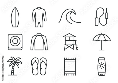 Surfing Essentials Icons. Outline icon set of surfing essentials: surfboard, wetsuit, wave, surf leash, surf