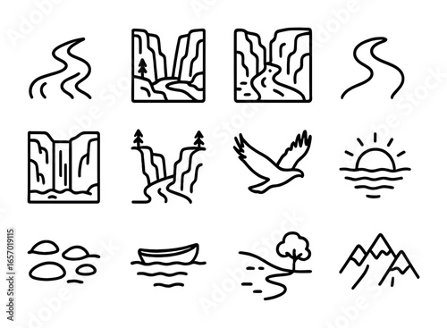 Canyon Icon Set. Outline icon set of a winding river cutting through a deep canyon: flowing river, steep