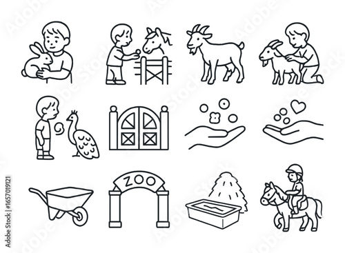 Kids Enjoying Farm Animals. Outline icon set of kids enjoying animals at farms and zoos: child with rabbit,