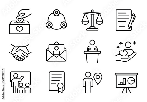 Charitable Careers Icons. Outline icon set of careers in charitable organizations: donation box, collaboration