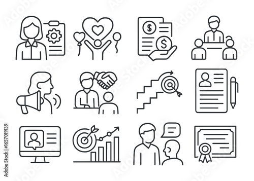 Nonprofit Job Icon Set. Outline icon set of nonprofit job development: program coordinator, fundraising event,
