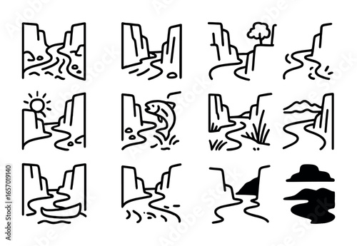 Canyon River Icon Set. Outline icon set of winding river in rocky canyon: river current, sheer cliffs,