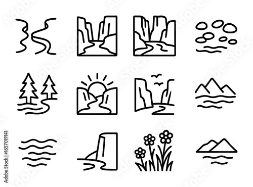 Canyon River Icon Set. Outline icon set of canyon river outdoor scenes: river curves, rocky cliffs, river