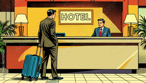 Man standing at the hotel reception desk with a suitcase, interacting with the receptionist