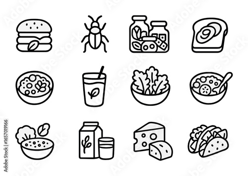 Trendy Food Icons Grid. Outline icon set of food trends: plant-based burgers, edible insects, fermented foods,