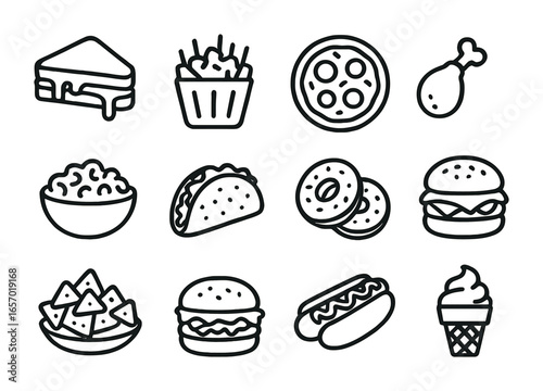 Comfort Food Icons. Outline icon set of comfort food trends: gourmet grilled cheese, loaded fries, artisan