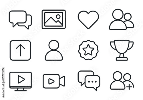 Digital Art Icons. Outline icon set of digital art communities: forums, galleries, likes, followers, upload