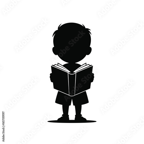 black vector silhouette of a child standing and holding an open book, simple clean lines, slightly angled for depth, flat minimal style,