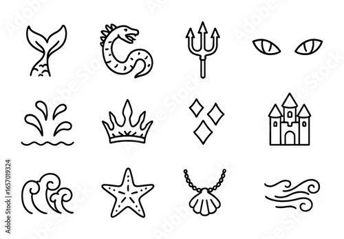 Mythical Sea Icons. Outline icon set of mythical sea creatures: mermaid tail, sea serpent, trident, glowing