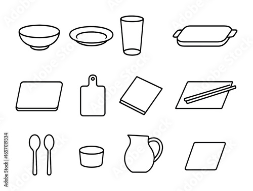 Food Presentation Icons. Outline icon set of food presentation elements: bowls, plates, glasses, trays,