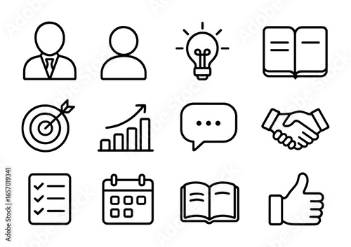 Mentorship Icon Set. Outline icon set of mentorship and coaching: mentor figure, mentee, lightbulb idea,
