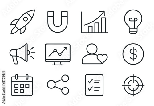 Startup Icon Set. Outline icon set of startup growth hacking: rocket, magnet, graph growth, lightbulb,