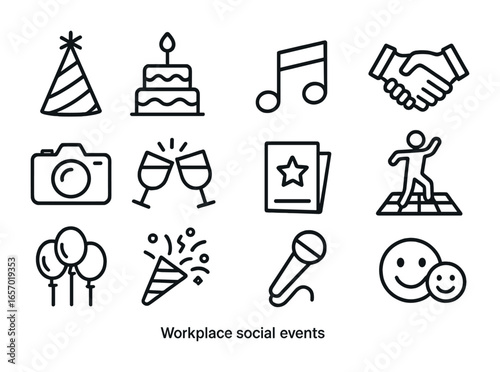 Workplace Event Icons. Outline icon set of workplace social events: party hat, cake, music note, handshake,