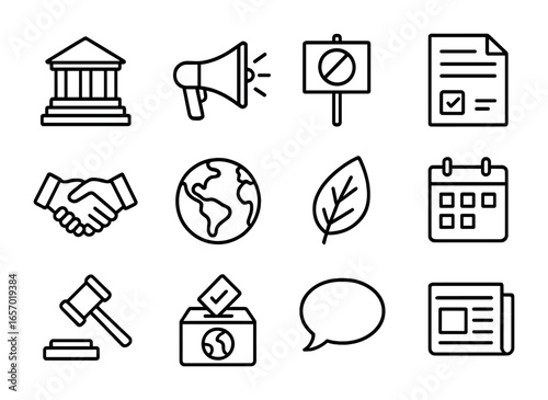 Environmental Policy Icons. Outline icon set of environmental policy and advocacy: government building,