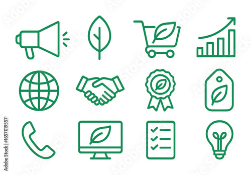 Green Marketing Icons. Outline icon set of green marketing strategies: megaphone, leaf, shopping cart, graph,