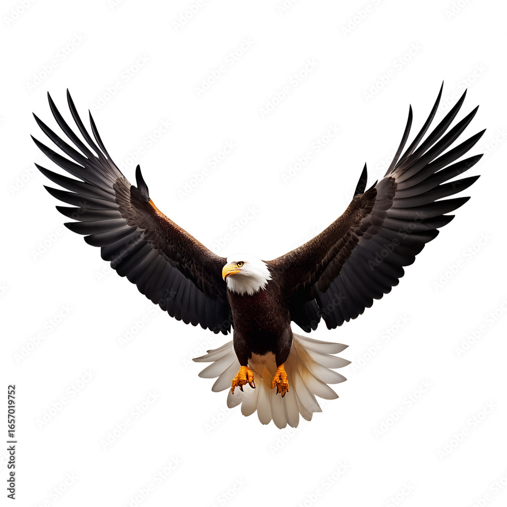 Obraz premium A majestic bald eagle in flight, wings spread wide, captured in a studio shot isolated on a transparent background, showcasing its powerful presence