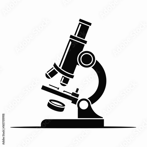  black vector silhouette of a classic compound microscope with visible eyepiece, stage, and base, slightly angled for dynamic perspective, flat minimal style, centered on white background 