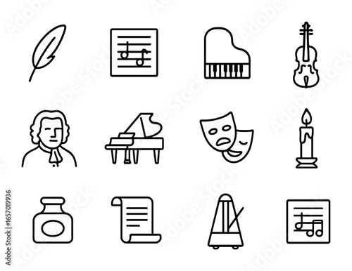 Historical Composers Icon Set. Outline icon set of historical opera composers: quill, music sheet, piano,