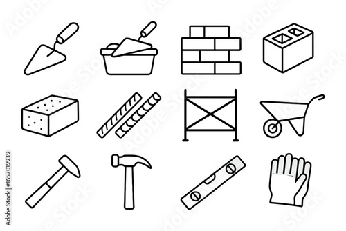 Masonry Tools Icons. Outline icon set of masonry materials and tools: trowel, mortar, bricks, block, concrete,