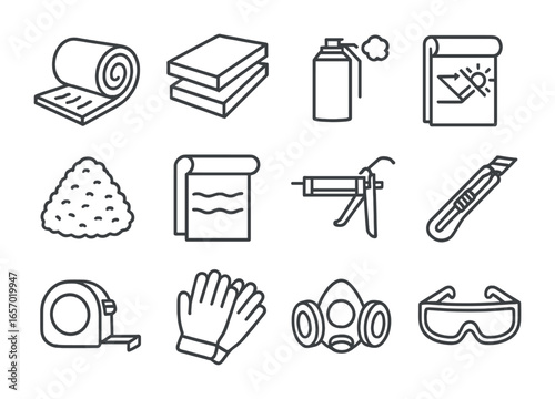 Insulation Tools Icons. Outline icon set of insulation materials: fiberglass batts, foam board, spray foam,