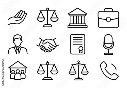 Legal Support Icons. Outline icon set of legal aid and pro bono services: helping hand, scales, courthouse,