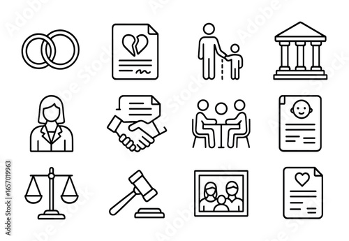 Family Law Icons. Outline icon set of family law practices worldwide: wedding rings, divorce papers, child
