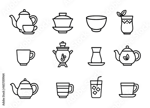 International Tea Customs Icons. Outline icon set of international tea customs: British tea set, Chinese