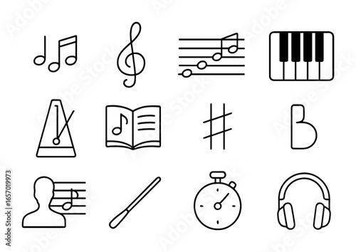 Music Theory Icons. Outline icon set of music theory for singers: music notes, treble clef, scale, piano keys,