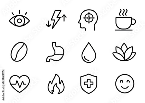 Caffeine Effects Icons. Outline icon set of caffeine effects and benefits: alertness, energy, focus,