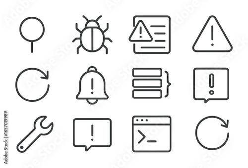 Debugging Icons Grid. Outline icon set of programming debugging icons: breakpoint, bug icon, error log,