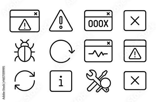 Application Error Icons. Outline icon set of application error messages: pop-up alert, warning icon, error