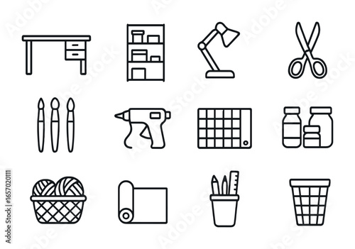Home Craft Icons. Outline icon set of home craft workshop: worktable, storage shelf, lamp, scissors, brush set