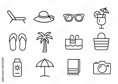 Sunny Getaway Icons. Outline icon set of sunny getaway: lounge chair, sun hat, sunglasses, tropical drink,
