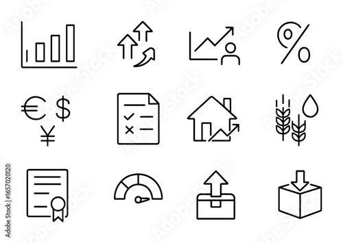 Economic Indicators Icons. Outline icon set of economic indicators: GDP chart, inflation arrow, unemployment