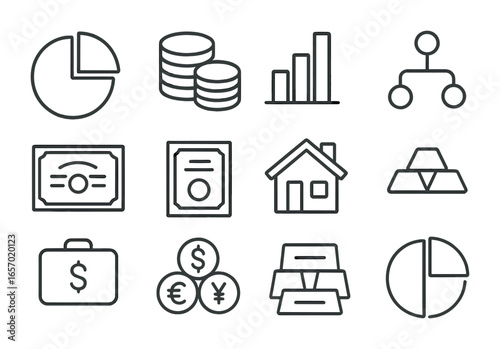 Financial Icons Grid. Outline icon set of financial portfolio diversification: pie chart, stacked coins, bar