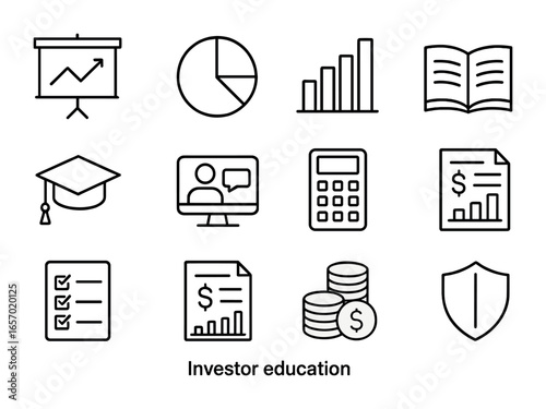 Investor Education Icons. Outline icon set of investor education: presentation board, pie chart, bar chart,