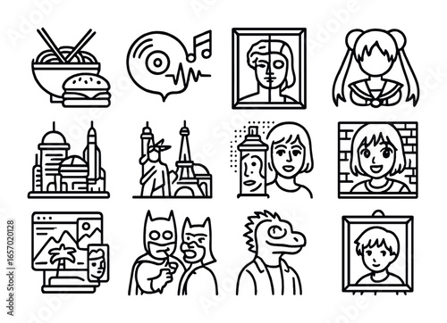 Cultural Fusion Icons. Outline icon set of cultural mashups: fusion food, music remix, mixed art styles,