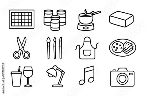 Craft Night Icons. Outline icon set of craft night essentials: cutting mat, paint jars, wax pot, clay block,