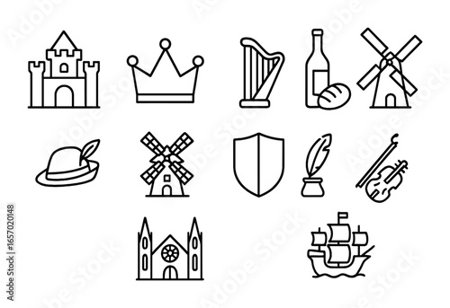 European Heritage Icons. Outline icon set of European heritage symbols: castle, crown, harp, wine bottle,