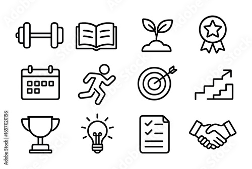 Self-Improvement Icons. Outline icon set of self-improvement: dumbbell, open book, plant sprout, medal,
