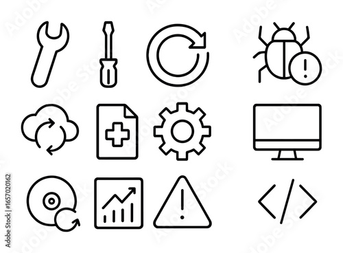 Software Maintenance Icons. Outline icon set of software maintenance: wrench, screwdriver, update arrow, bug