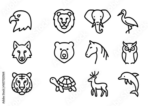 Symbolic Animal Icons. Outline icon set of symbolic animals: eagle, lion, elephant, crane, wolf, bear, horse,